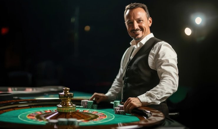 Dealer kasino langsung sedang membagikan kartu dalam permainan blackjack di alasqq